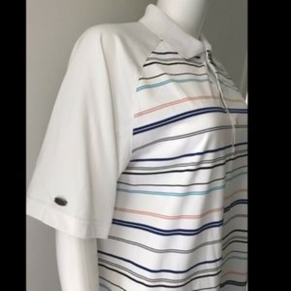 Greg Norman Play Dry Men's Golf Shirt White Striped Blue Red Short Sleeve Logo M - Picture 4 of 11